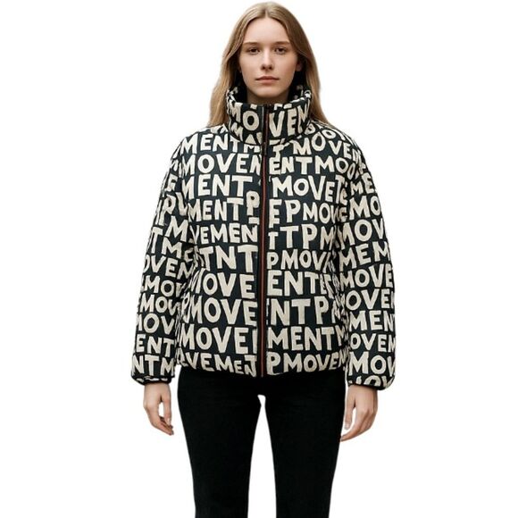Free People Oversized Puffer Jacket Movement Zips XS-X Black White Spell Out New - Picture 16 of 16